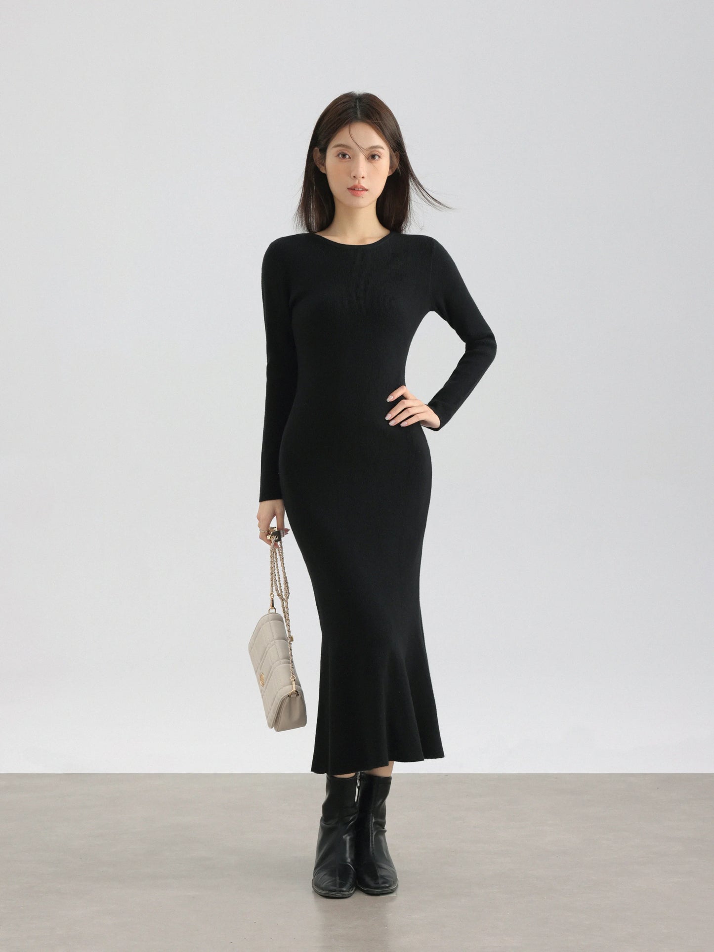 Elegant Black Long Sleeve Dress Winter Round Neck Bodycon Dress Waist Slimming Mermaid Maxi Dress for Women Casual Office Outfit