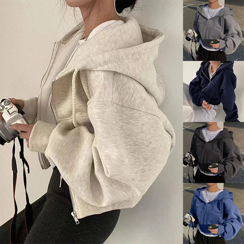 Women's Navy Blue Cropped Zip-up Hoodie - Fleece-Lined, Slim Fit, Warm Spring/Autumn Streetwear
