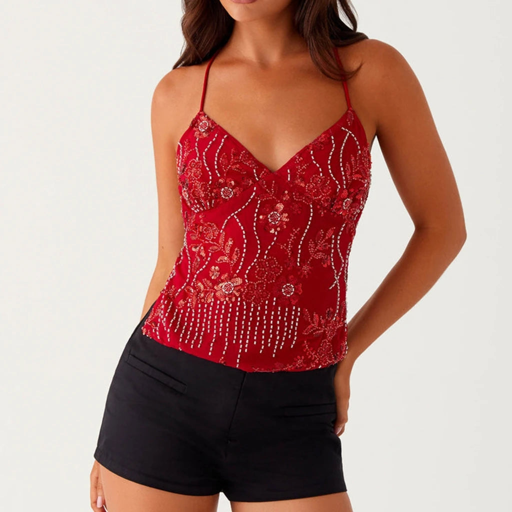 Women’s Summer Sleeveless Top – Pearl & Sequin Flower Embroidery