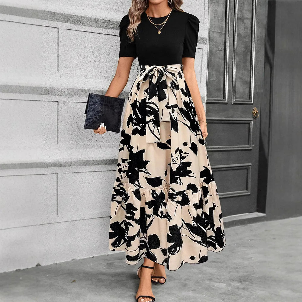 Women’s Floral Print Maxi Dress – Elegant Short Sleeve Party Outfit