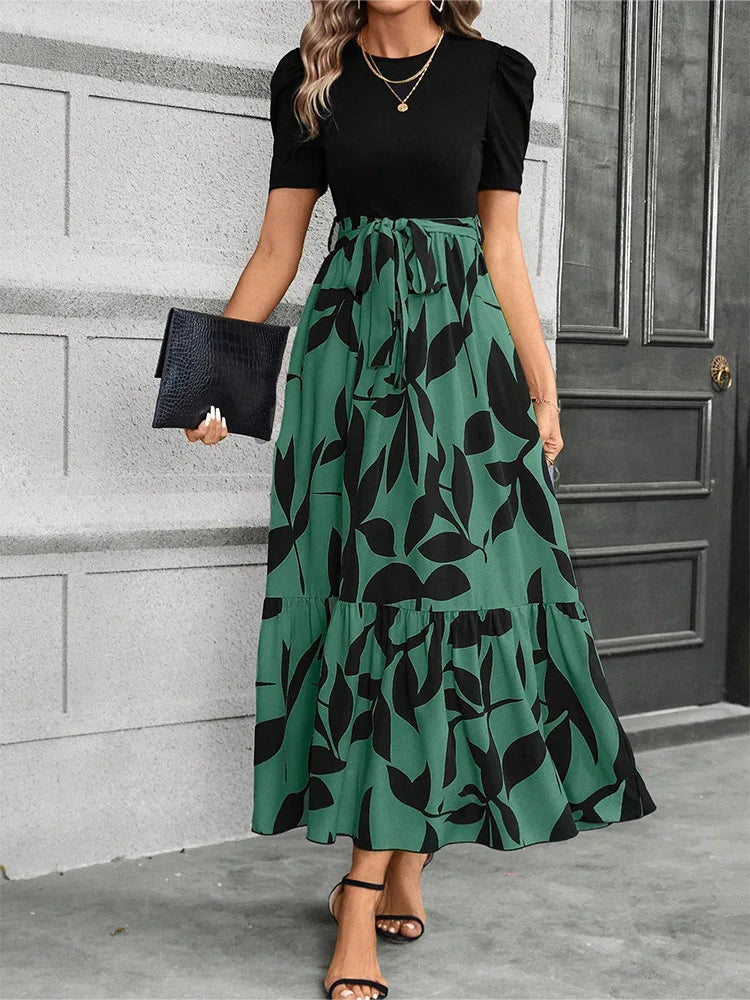 Women’s Floral Print Maxi Dress – Elegant Short Sleeve Party Outfit