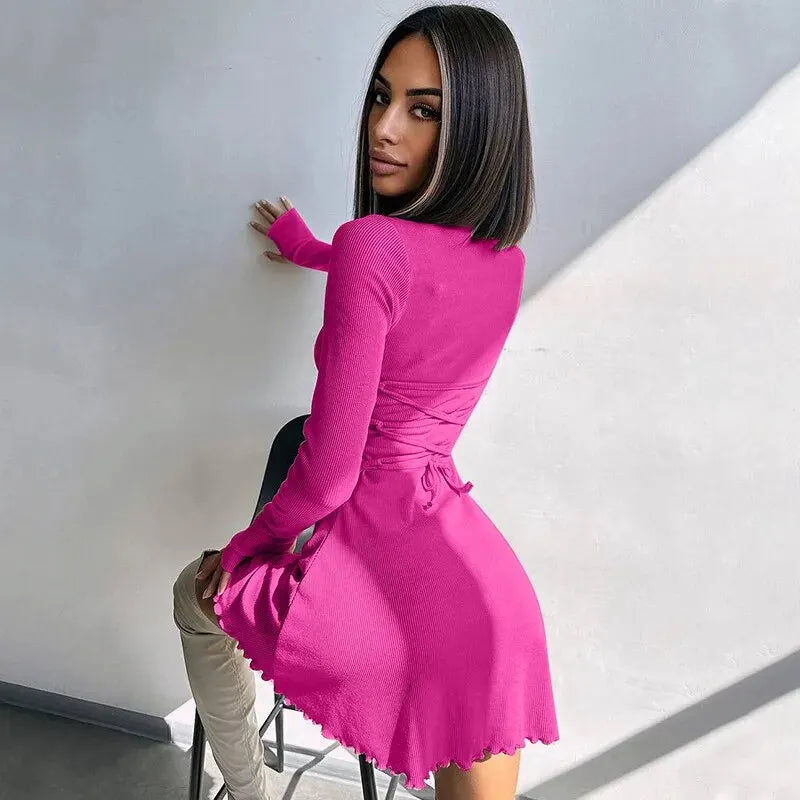 Knitted Bodycon Mini Dress for Women - Long Sleeve, Streetwear Style for Spring & Autumn