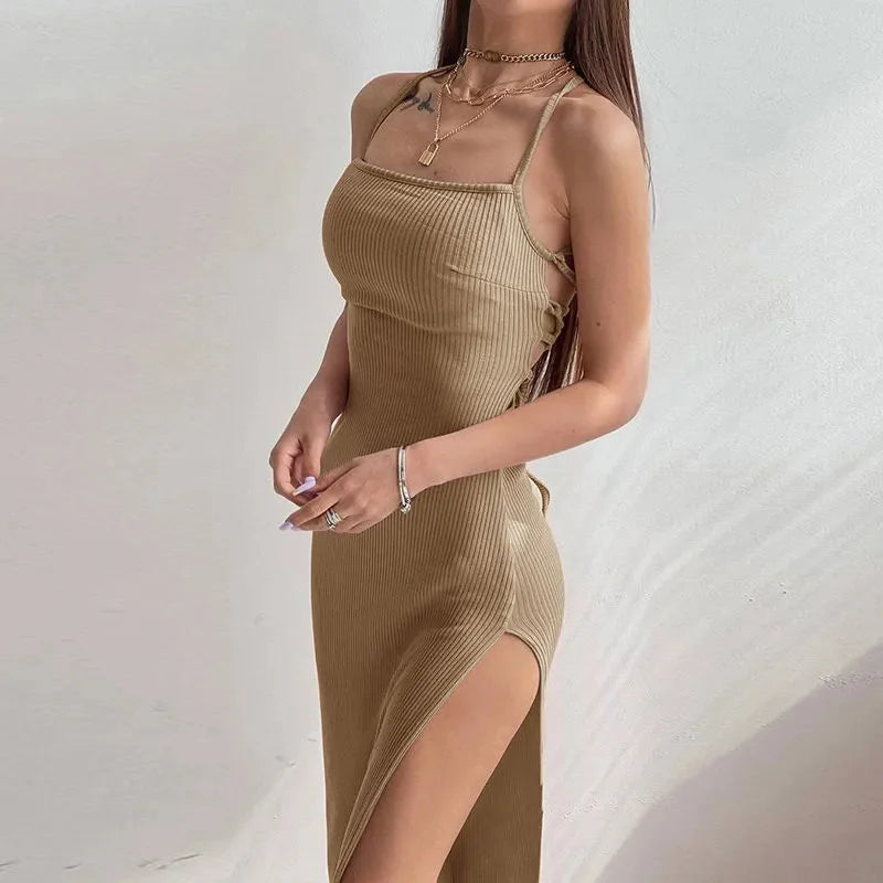 Sexy Black Bodycon Maxi Dress - Halter Neck, Backless, High Split, Summer Party Attire