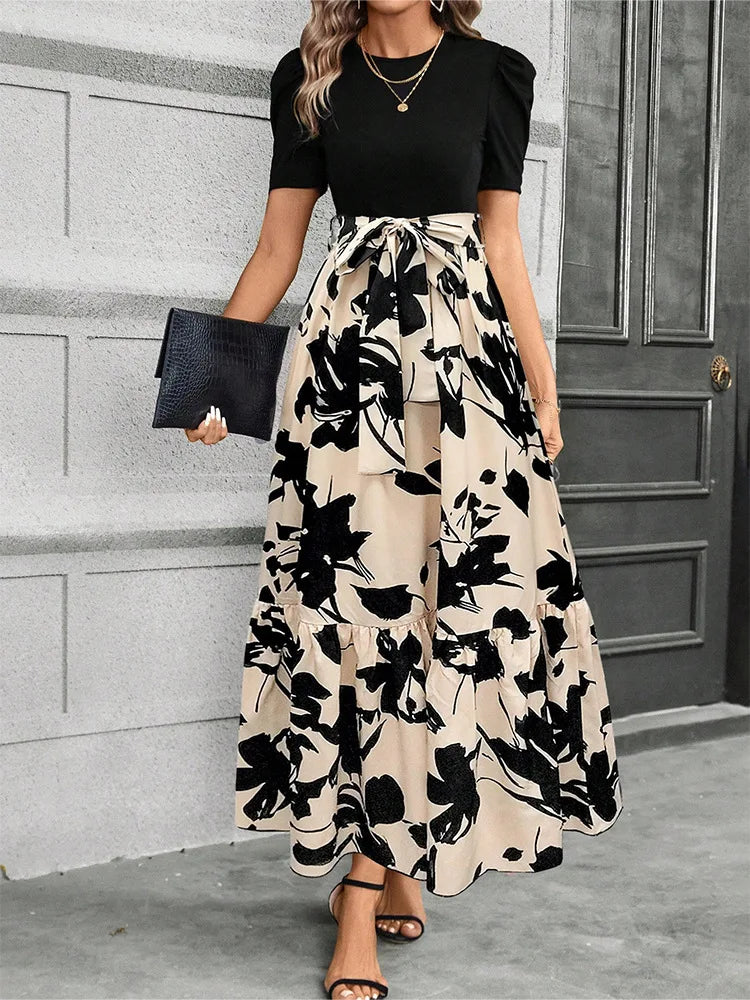 Women’s Floral Print Maxi Dress – Elegant Short Sleeve Party Outfit