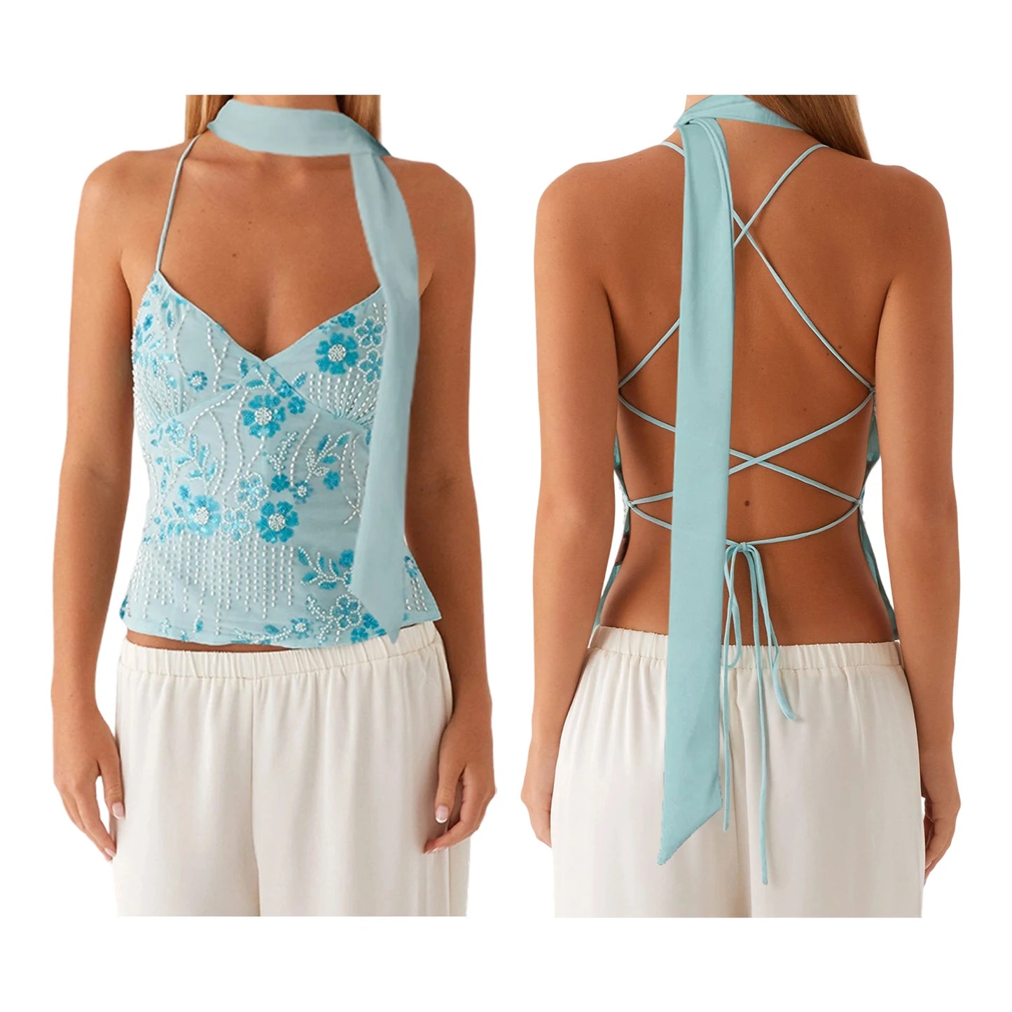 Women’s Summer Sleeveless Top – Pearl & Sequin Flower Embroidery