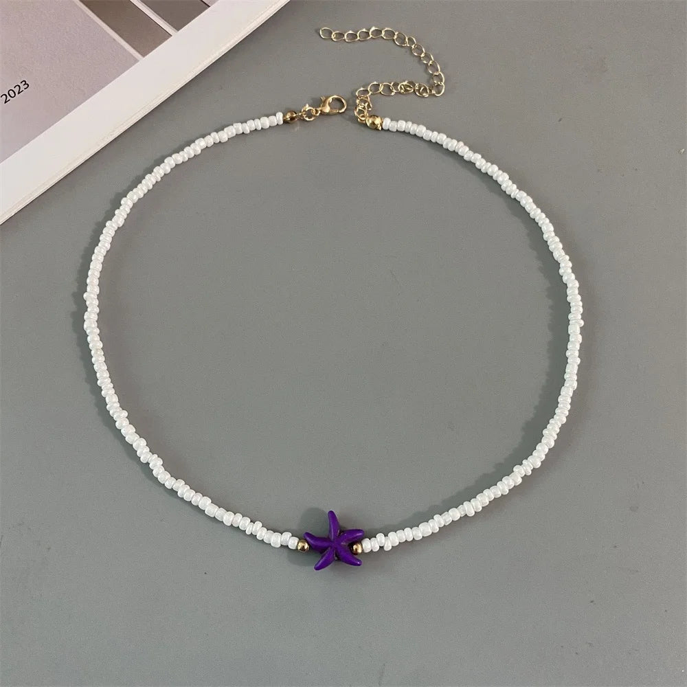 Shell Starfish Woman Short Necklace Summer Holiday Gift Handmade Choker Seed Beads Neck Jewelry White