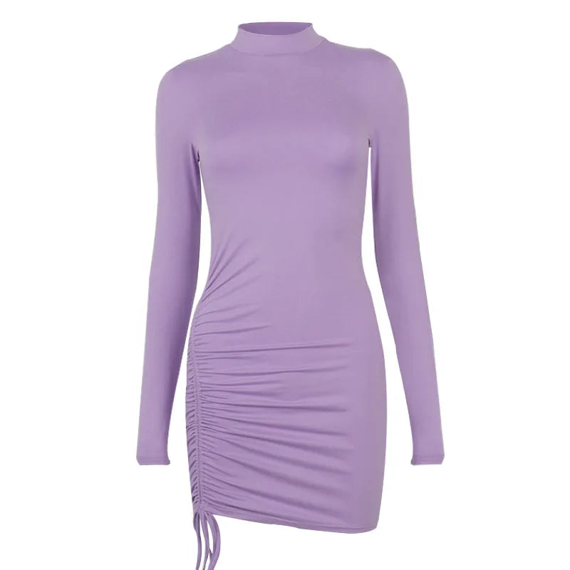 Black Ruched Bodycon Mini Dress for Women - Turtleneck, Long Sleeve, Stretchy Bandage Style