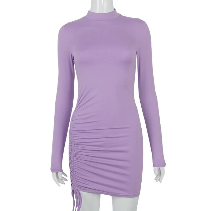 Black Ruched Bodycon Mini Dress for Women - Turtleneck, Long Sleeve, Stretchy Bandage Style
