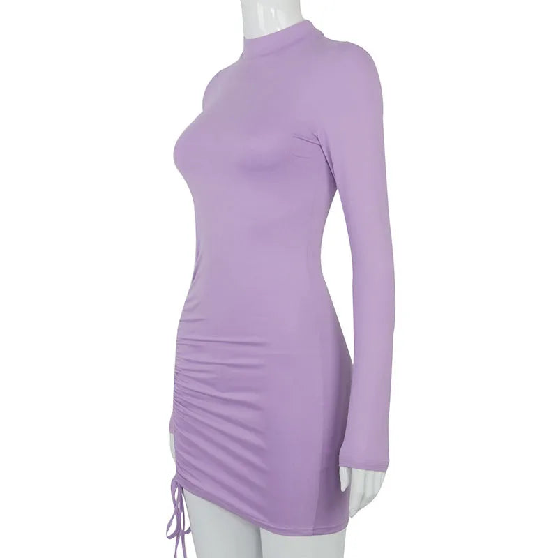 Black Ruched Bodycon Mini Dress for Women - Turtleneck, Long Sleeve, Stretchy Bandage Style