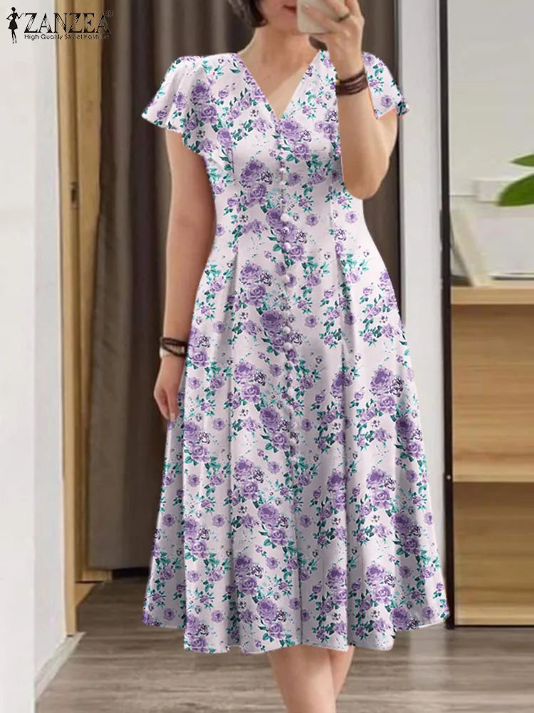 ZANZEA Elegant Summer Floral Printed Sundress Bohemian Women V Neck Short Sleeve Dress Casual Holiday Party Midi Vestido Kaftan