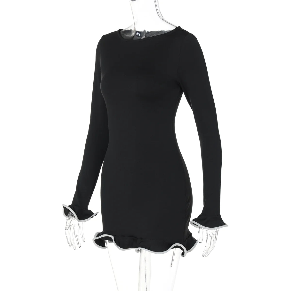Sexy Ruffled Bodycon Mini Dress - Long Sleeve, O-Neck, Patchwork Streetwear for Autumn/Winter