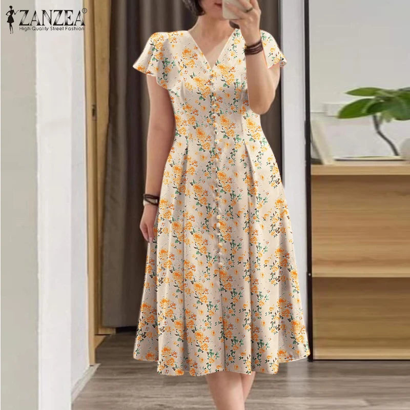 ZANZEA Elegant Summer Floral Printed Sundress Bohemian Women V Neck Short Sleeve Dress Casual Holiday Party Midi Vestido Kaftan