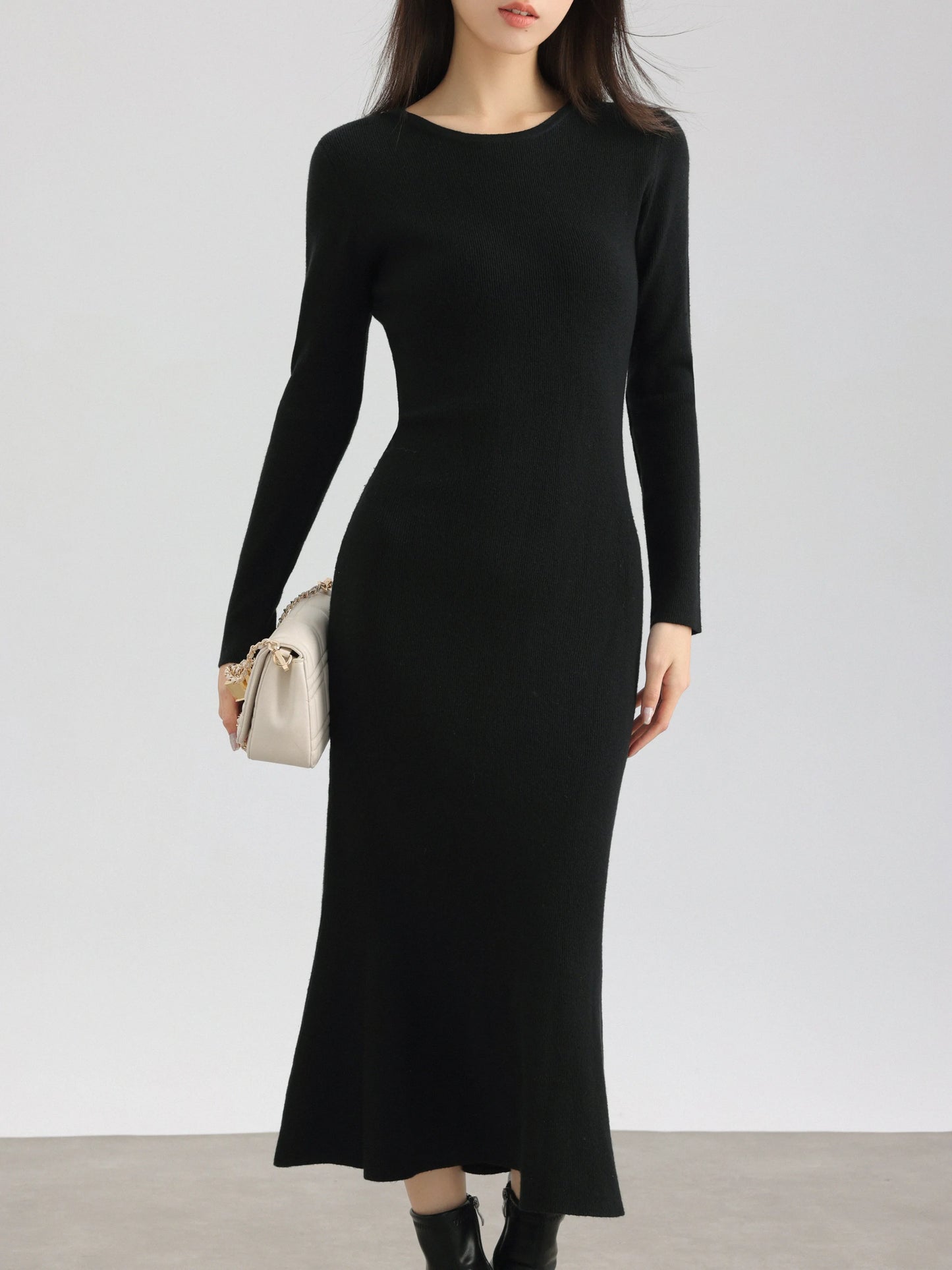 Elegant Black Long Sleeve Dress Winter Round Neck Bodycon Dress Waist Slimming Mermaid Maxi Dress for Women Casual Office Outfit