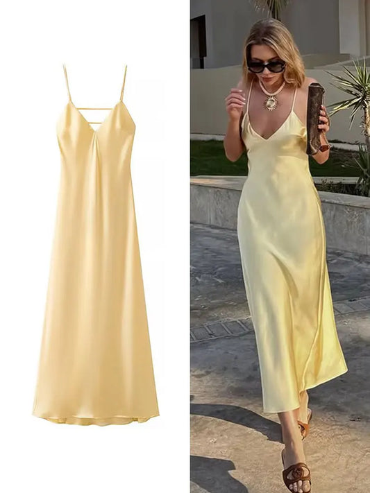 Elegant Yellow Summer Maxi Dress – Sleeveless V-Neck with Spaghetti Straps