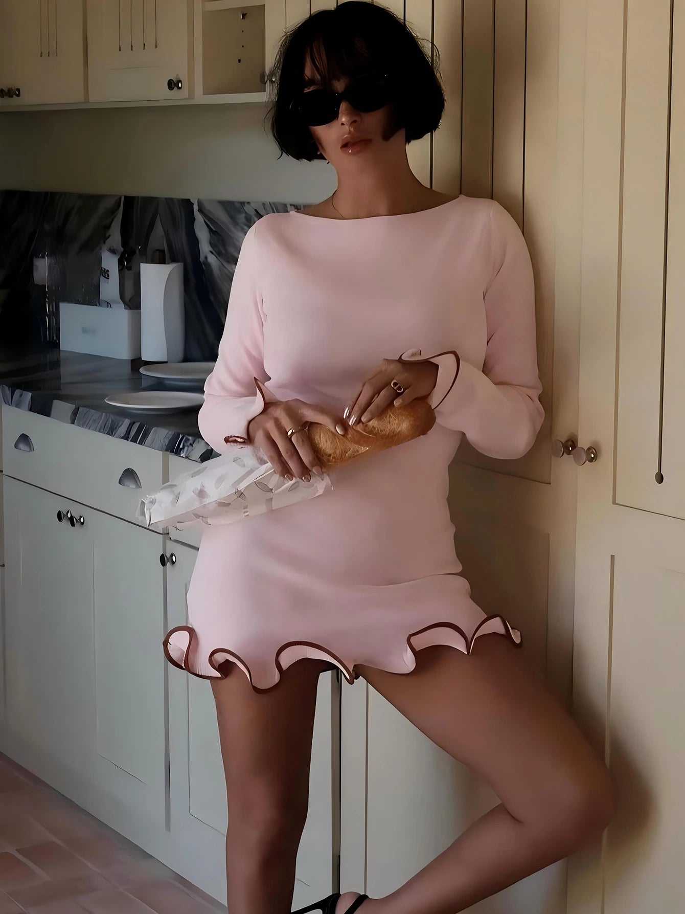 Sexy Ruffled Bodycon Mini Dress - Long Sleeve, O-Neck, Patchwork Streetwear for Autumn/Winter
