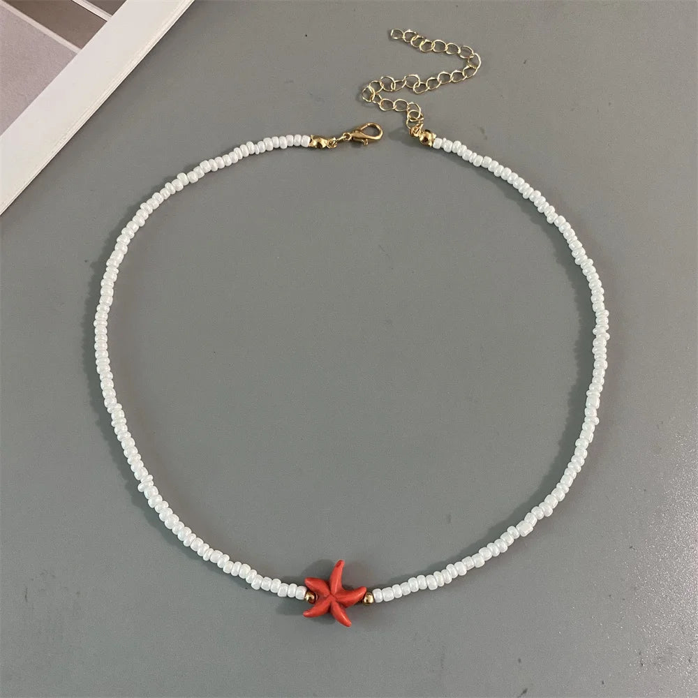 Shell Starfish Woman Short Necklace Summer Holiday Gift Handmade Choker  Seed Beads Neck Jewelry White