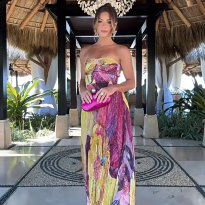 Elegant Printed Long Party Dress Women Strapless Sleeveless Backless Slim Sling Pleated Dresses 2025 Summer Lady Party Robes New