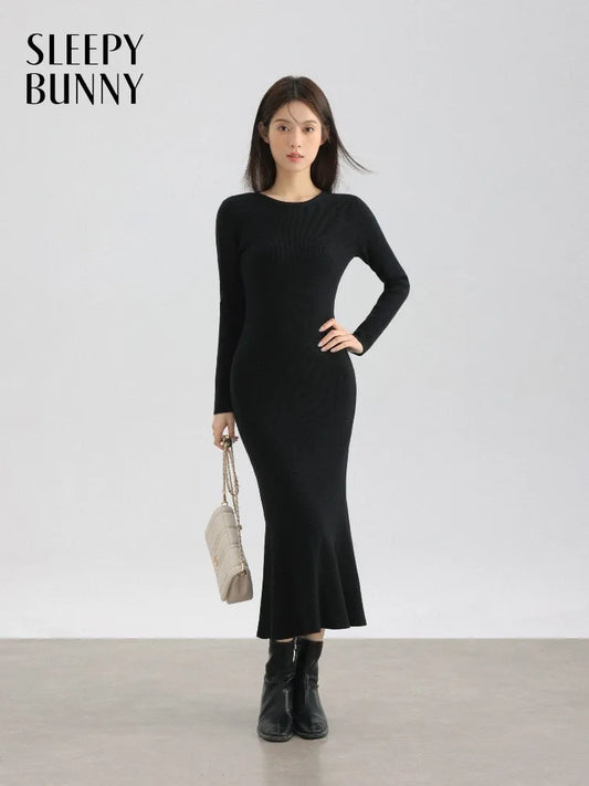 Elegant Black Long Sleeve Dress Winter Round Neck Bodycon Dress Waist Slimming Mermaid Maxi Dress for Women Casual Office Outfit
