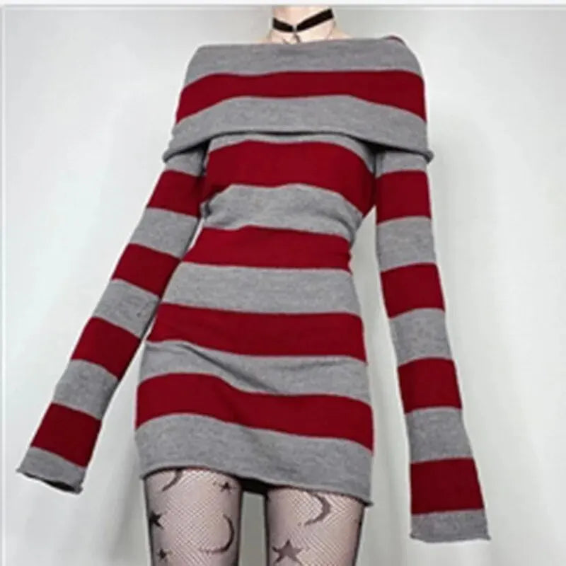 Striped Bodycon Mini Dress for Women - Off Shoulder, Long Sleeve, Wrapped Hip, Versatile
