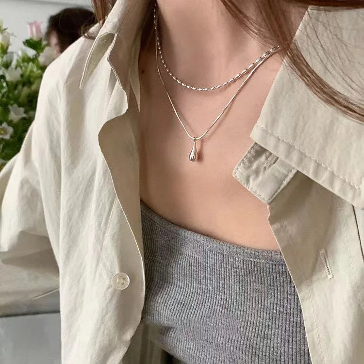 2025 Silver Simple Design Drop Pendant Necklace for Women Double Collar Chain Fashion Fine Jewelry Gifts Long Layered Necklace