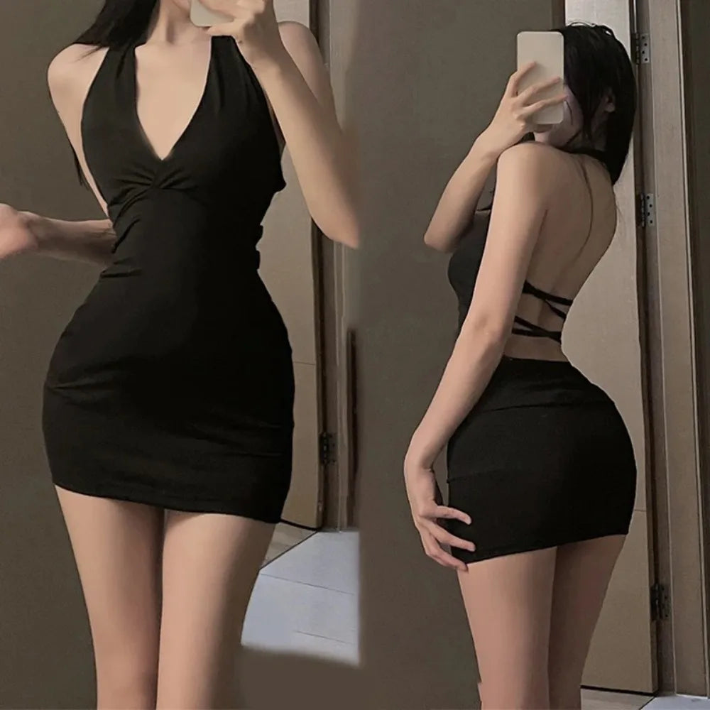 Sexy Black Halter Mini Dress - Backless, Slim Fit, V-Neck Wrap Style for Night Parties
