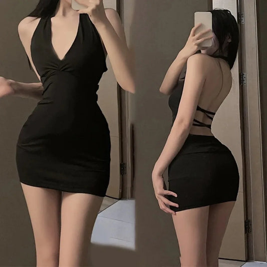Sexy Black Halter Mini Dress - Backless, Slim Fit, V-Neck Wrap Style for Night Parties