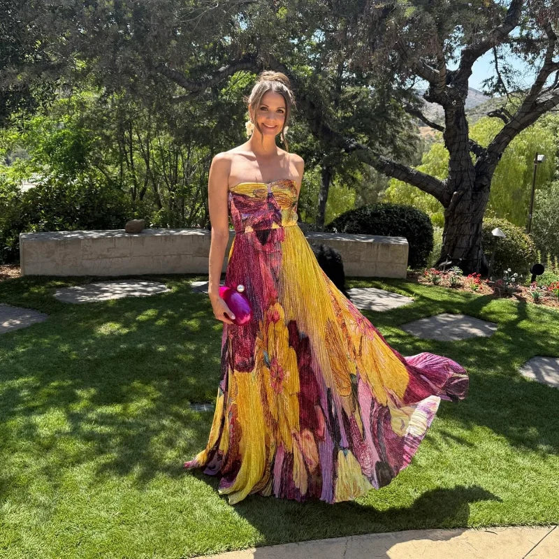 Elegant Printed Long Party Dress Women Strapless Sleeveless Backless Slim Sling Pleated Dresses 2025 Summer Lady Party Robes New