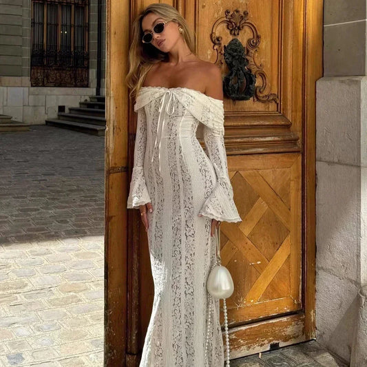 Long Sleeve White Lace Maxi Dress