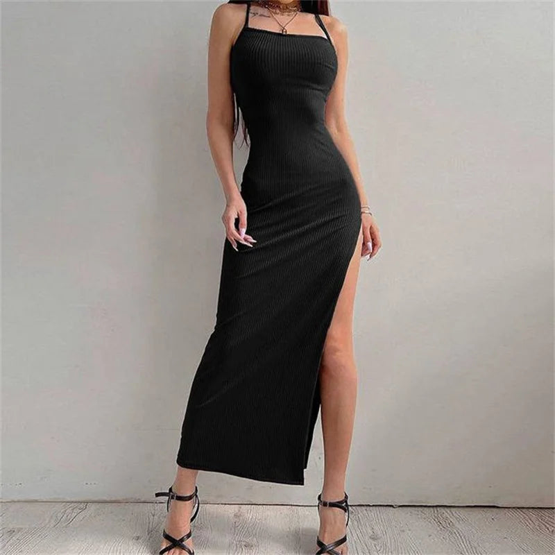 Sexy Black Bodycon Maxi Dress - Halter Neck, Backless, High Split, Summer Party Attire