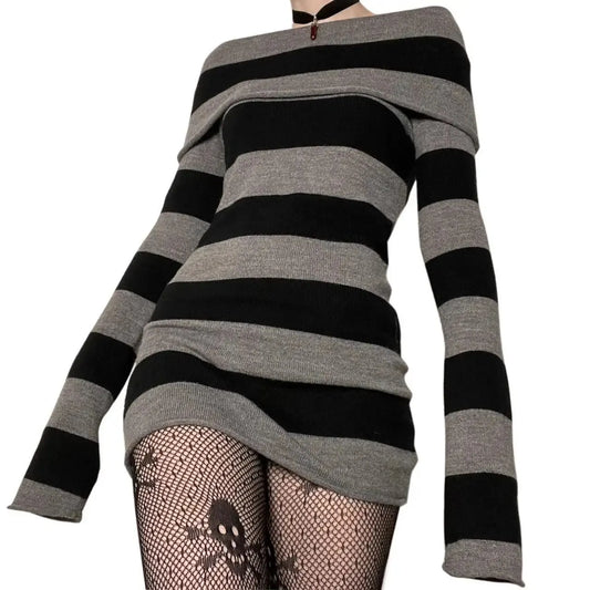 Striped Bodycon Mini Dress for Women - Off Shoulder, Long Sleeve, Wrapped Hip, Versatile