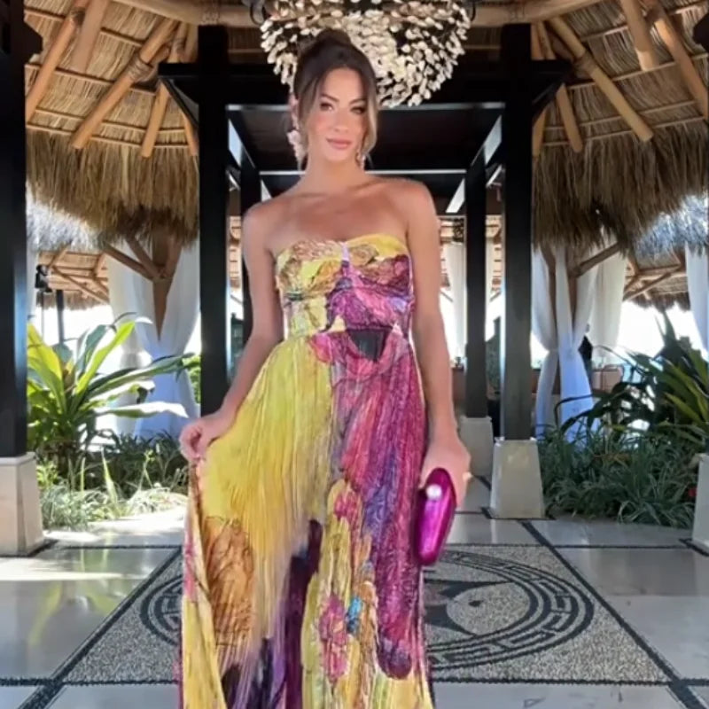 Elegant Printed Long Party Dress Women Strapless Sleeveless Backless Slim Sling Pleated Dresses 2025 Summer Lady Party Robes New