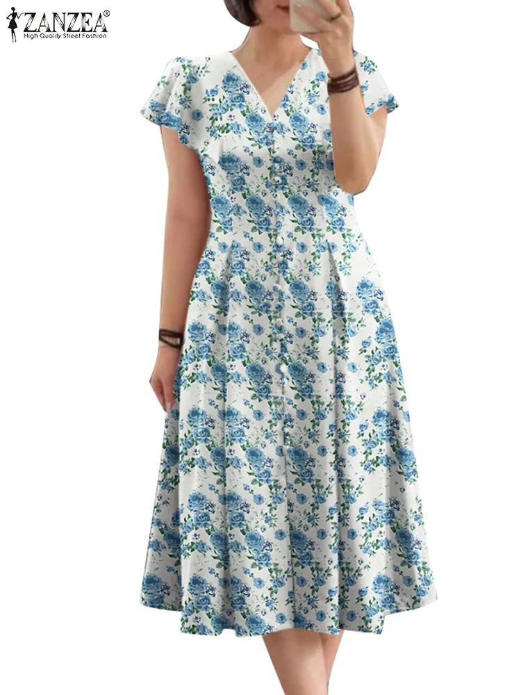 ZANZEA Elegant Summer Floral Printed Sundress Bohemian Women V Neck Short Sleeve Dress Casual Holiday Party Midi Vestido Kaftan