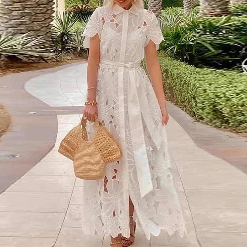 Short Sleeve Lace Long Dress