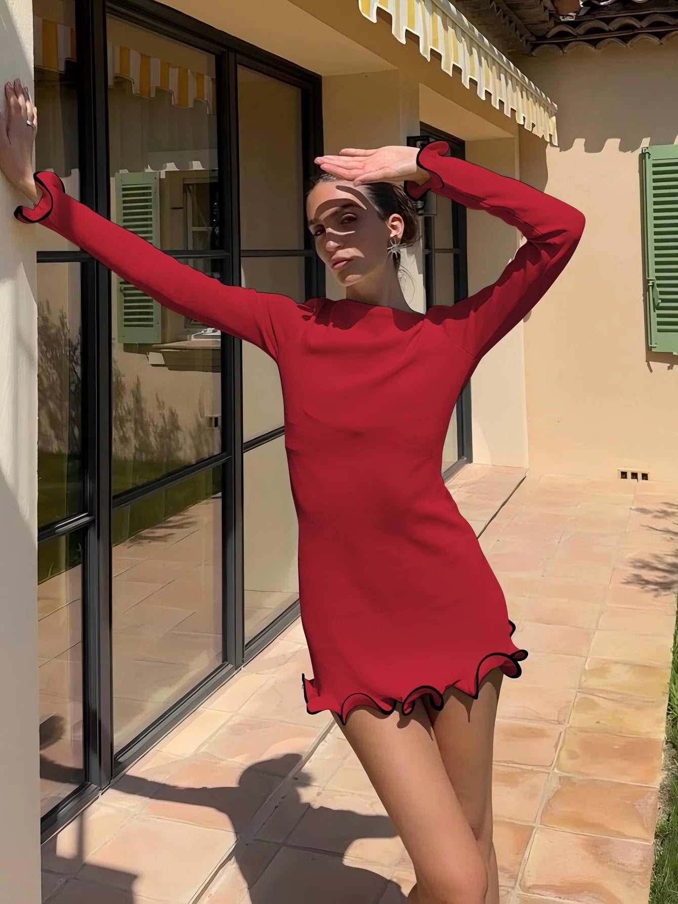 Sexy Ruffled Bodycon Mini Dress - Long Sleeve, O-Neck, Patchwork Streetwear for Autumn/Winter