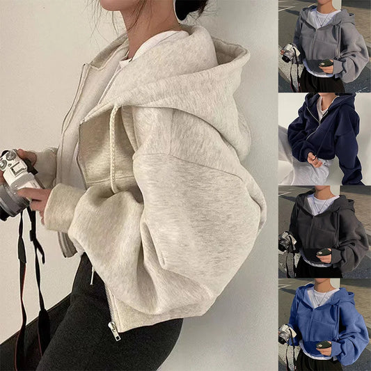 Women's Navy Blue Cropped Zip-up Hoodie - Fleece-Lined, Slim Fit, Warm Spring/Autumn Streetwear