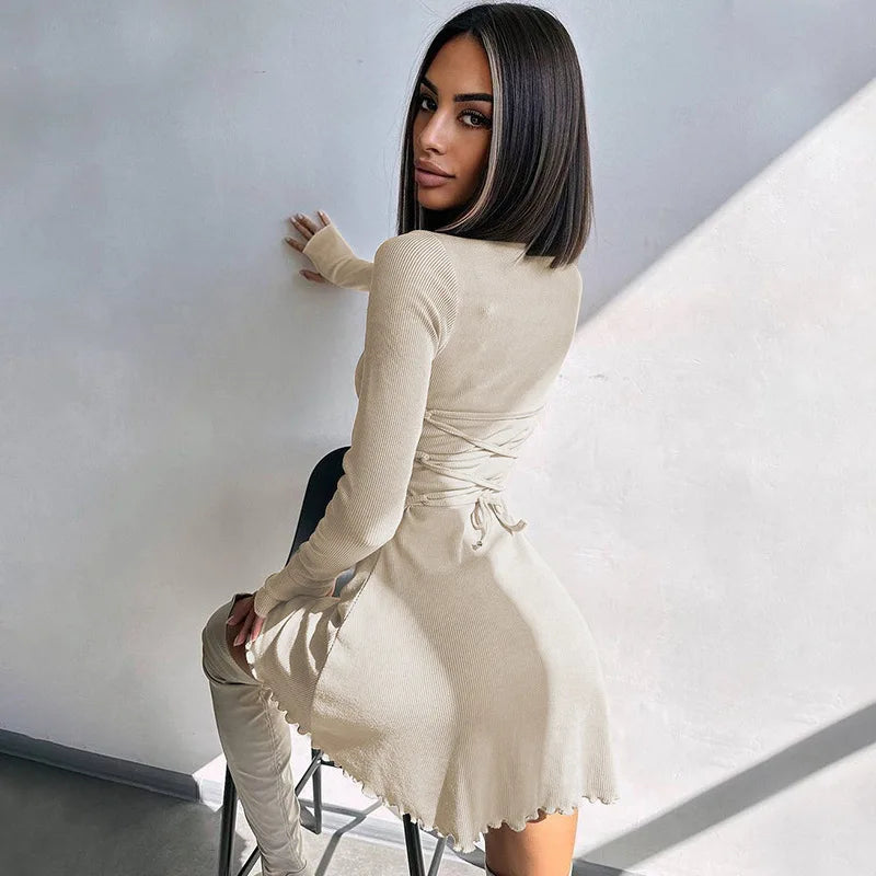 Knitted Bodycon Mini Dress for Women - Long Sleeve, Streetwear Style for Spring & Autumn
