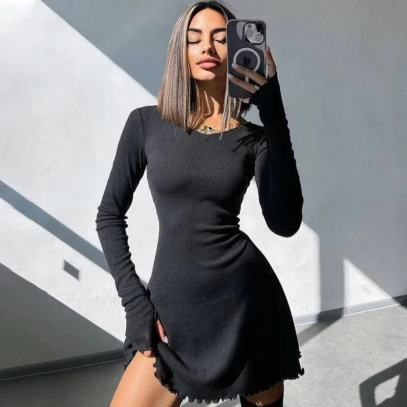 Knitted Bodycon Mini Dress for Women - Long Sleeve, Streetwear Style for Spring & Autumn
