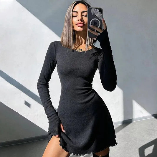Knitted Bodycon Mini Dress for Women - Long Sleeve, Streetwear Style for Spring & Autumn