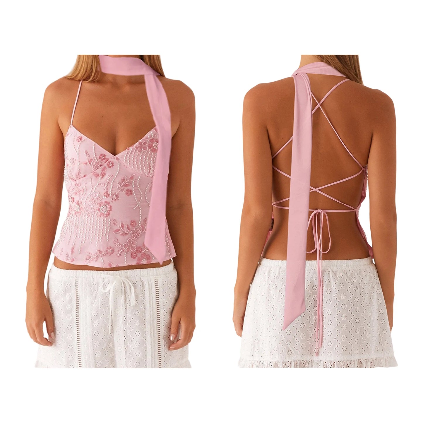Women’s Summer Sleeveless Top – Pearl & Sequin Flower Embroidery