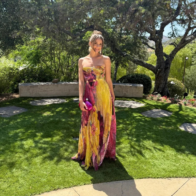 Elegant Printed Long Party Dress Women Strapless Sleeveless Backless Slim Sling Pleated Dresses 2025 Summer Lady Party Robes New