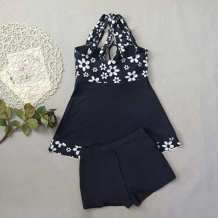 Plus Size Tankini Set – Women’s 2-Piece Swimwear Black Print Beachwear