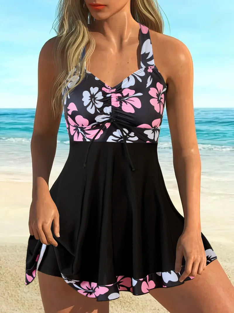 Plus Size Tankini Set – Women’s 2-Piece Swimwear Black Print Beachwear
