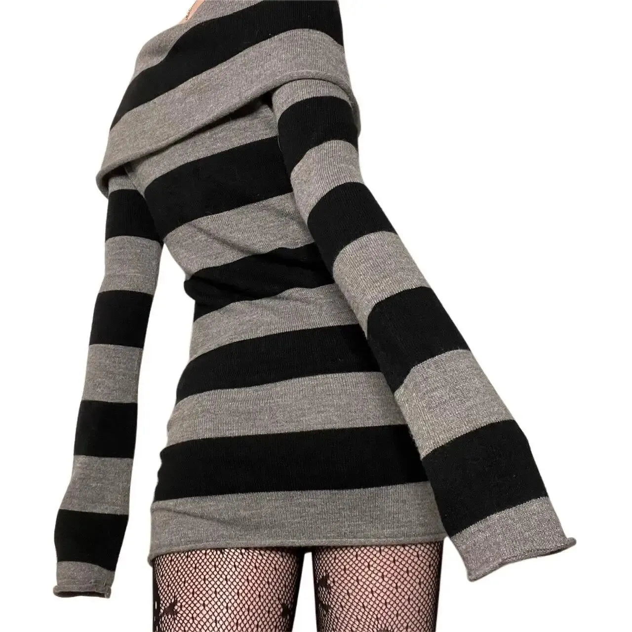 Striped Bodycon Mini Dress for Women - Off Shoulder, Long Sleeve, Wrapped Hip, Versatile