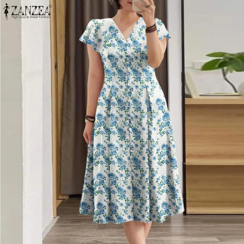 ZANZEA Elegant Summer Floral Printed Sundress Bohemian Women V Neck Short Sleeve Dress Casual Holiday Party Midi Vestido Kaftan