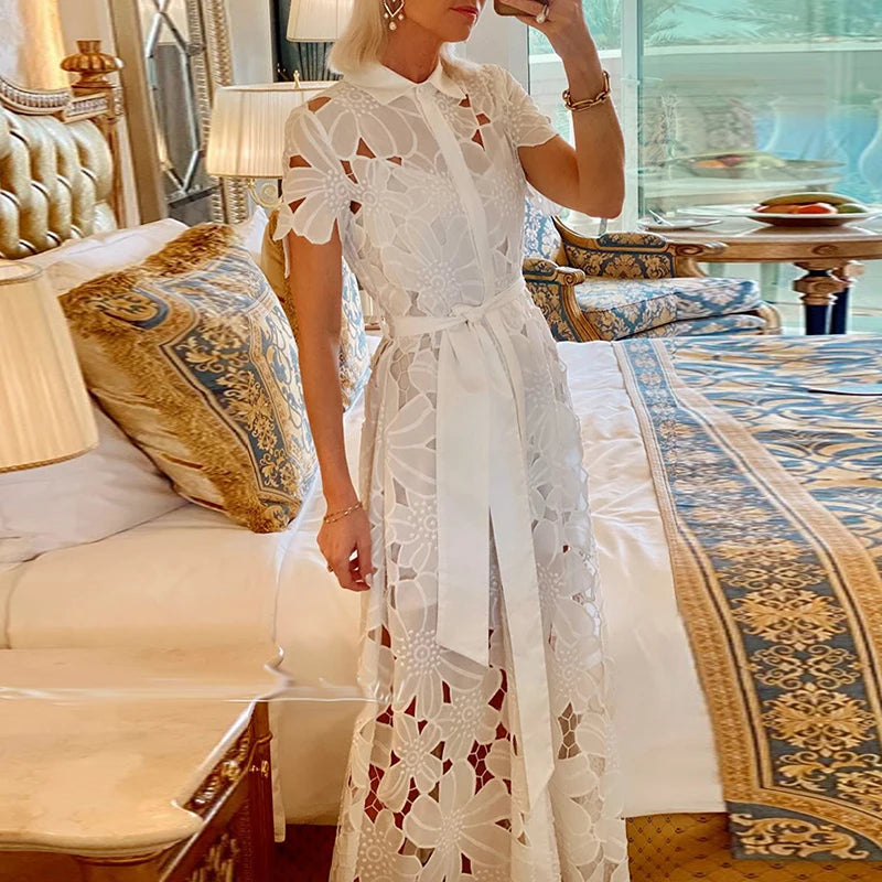 Short Sleeve Lace Long Dress