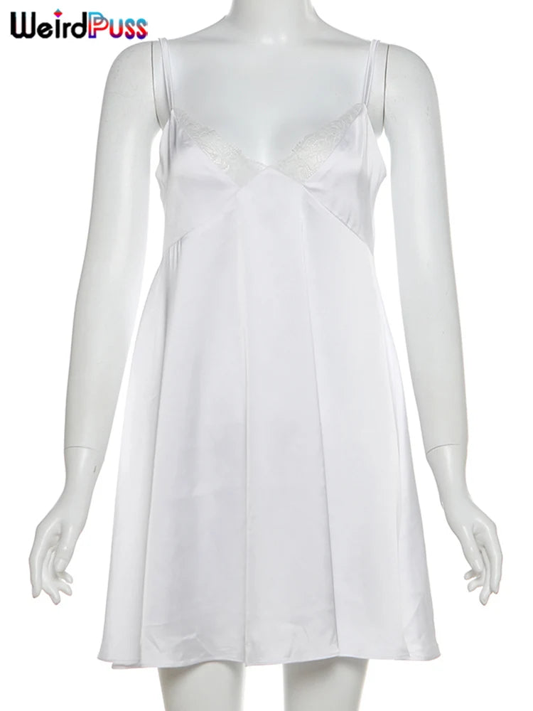 Weird Puss Y2K W-Neck Dress Women Summer Trend Sleeveless Backless Mesh Silk Patchwork elegant Birthday Party Prom Loose Bodycon