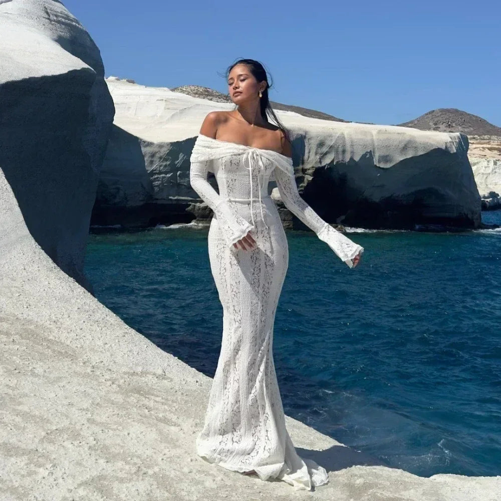 Long Sleeve White Lace Maxi Dress