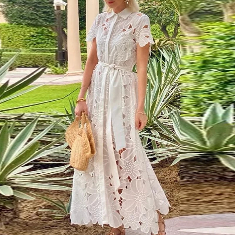 Short Sleeve Lace Long Dress