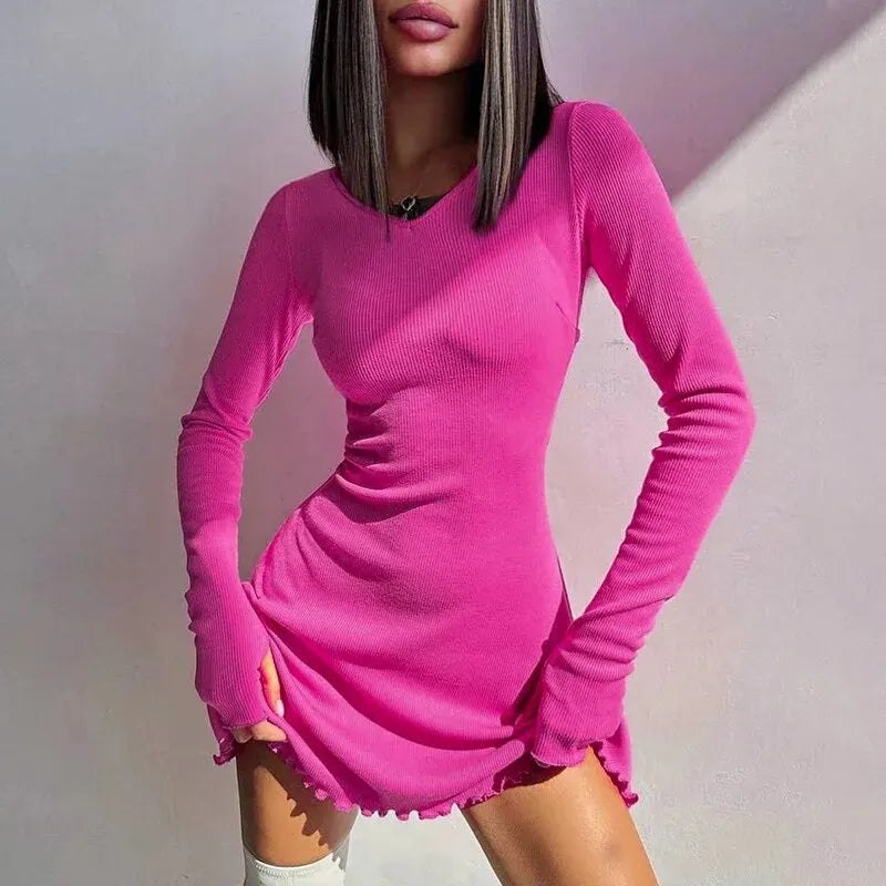 Knitted Bodycon Mini Dress for Women - Long Sleeve, Streetwear Style for Spring & Autumn