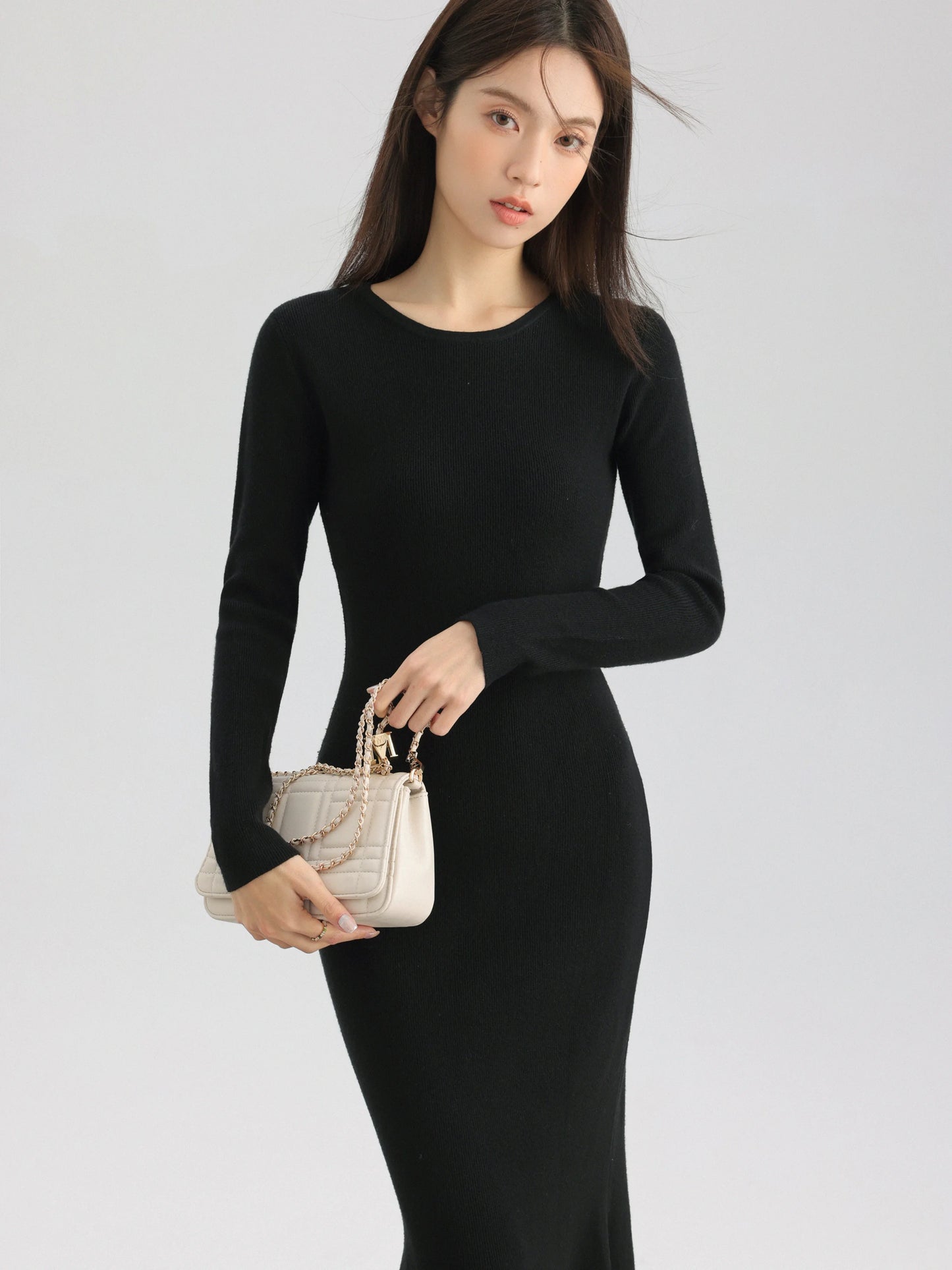 Elegant Black Long Sleeve Dress Winter Round Neck Bodycon Dress Waist Slimming Mermaid Maxi Dress for Women Casual Office Outfit